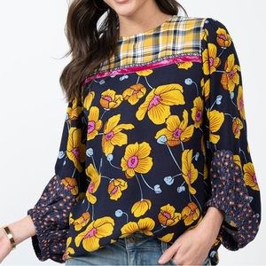 Ivy Jane NWT Floral Patch Plaid With Velvet Accent Flowy Blouse‎ Size X-Small